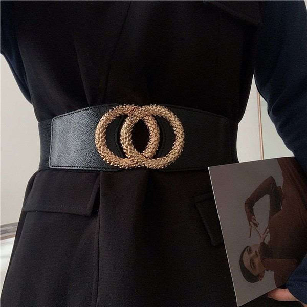 New Black Double Ring Fashion Elastic Belt Gold Metal Buckle Elastic Waist Wide Waist Seal Simple And Versatile Chells Trendy Boutique