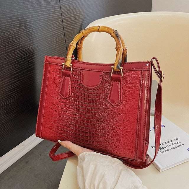 Crocodile Pattern Handbag with Bamboo Top Handle. Chells Trendy Boutique