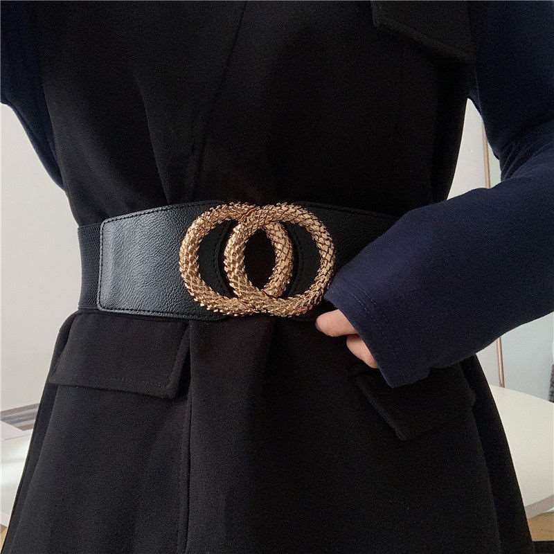 New Black Double Ring Fashion Elastic Belt Gold Metal Buckle Elastic Waist Wide Waist Seal Simple And Versatile Chells Trendy Boutique