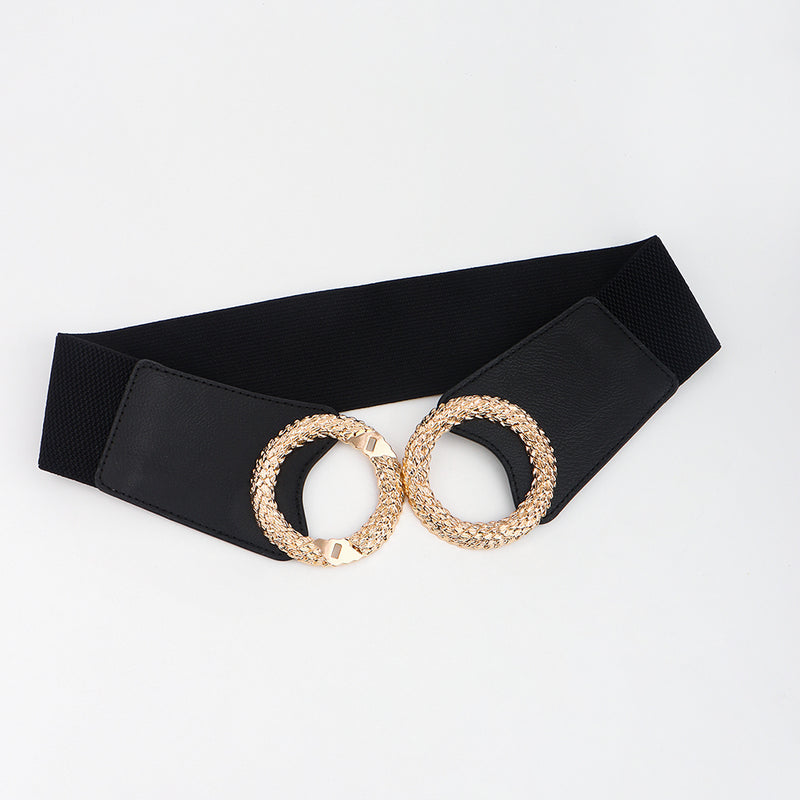 New Black Double Ring Fashion Elastic Belt Gold Metal Buckle Elastic Waist Wide Waist Seal Simple And Versatile Chells Trendy Boutique